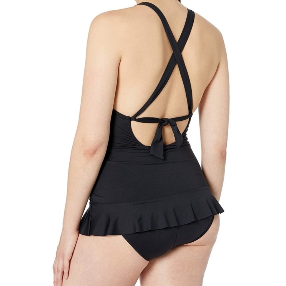 La Blanca Island Goddess One Piece Swimsuit Black Skirted Sz 8 LB0IG09 S…